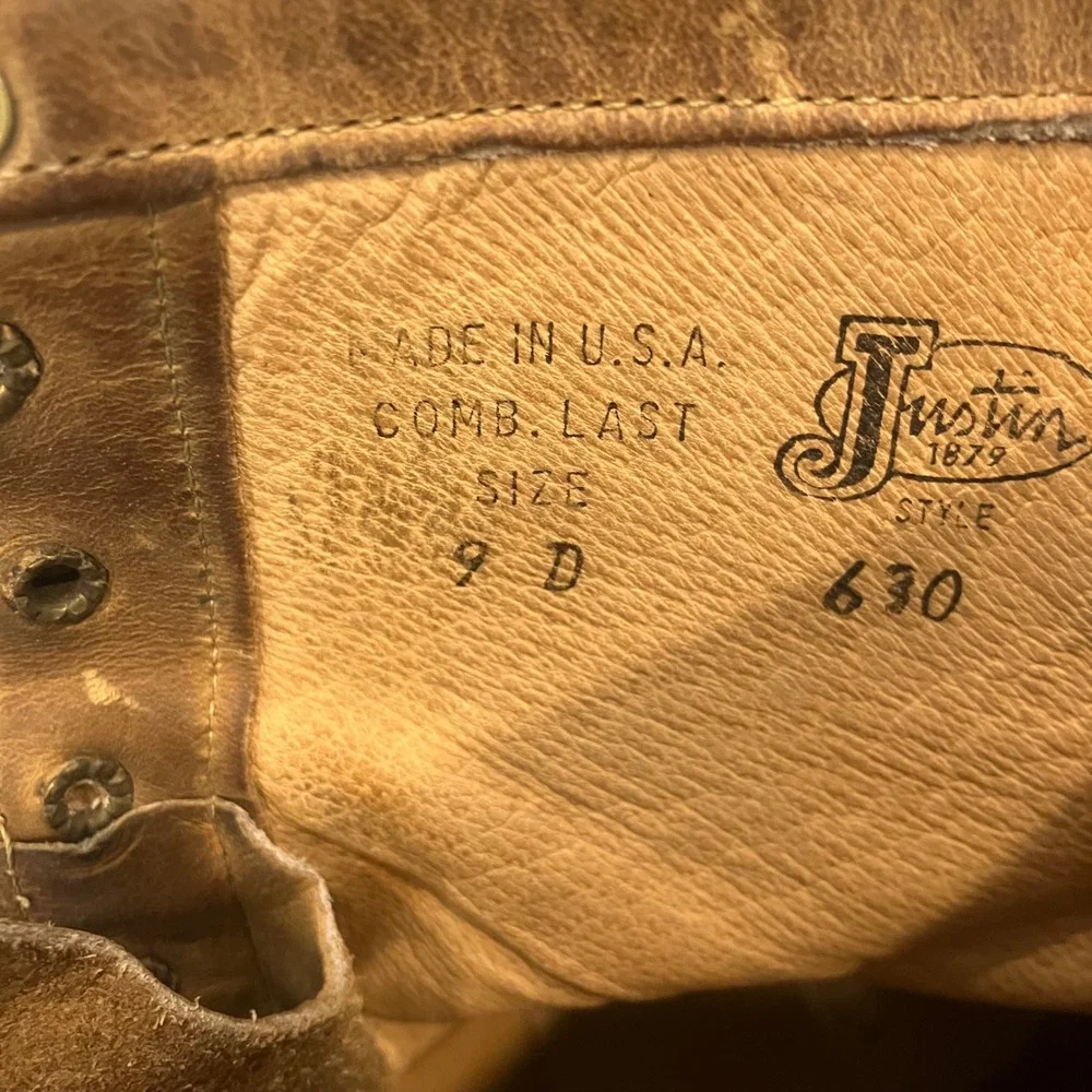 Vintage Justin 630 Mens 9 D Brown Leather Kiltie Lace Up Work Boot Round Toe USA